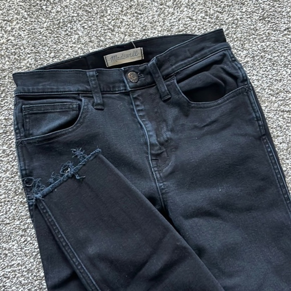 Madewell‎ 10” High Riser Skinny Jeans Dark Wash Distressed Hem and Knees Size 25